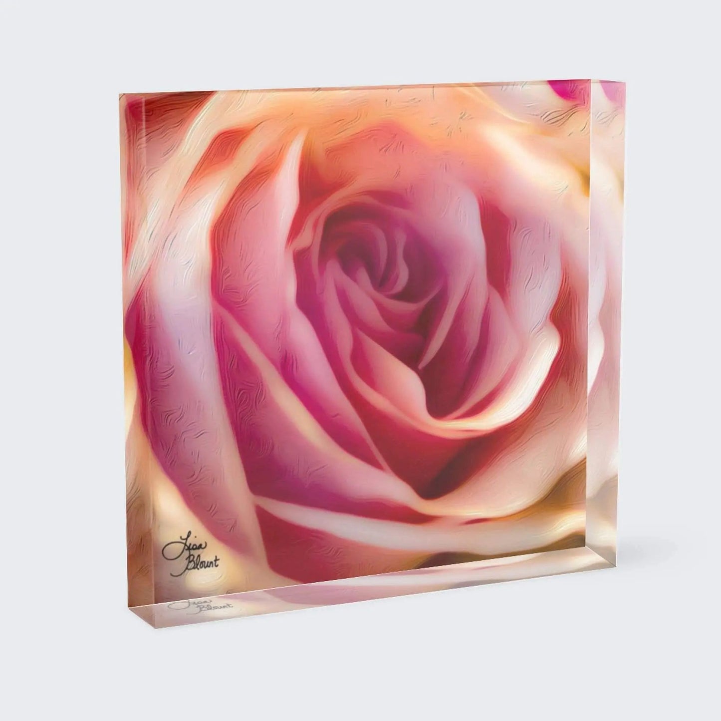 Acrylic block art of an abstract pink rose