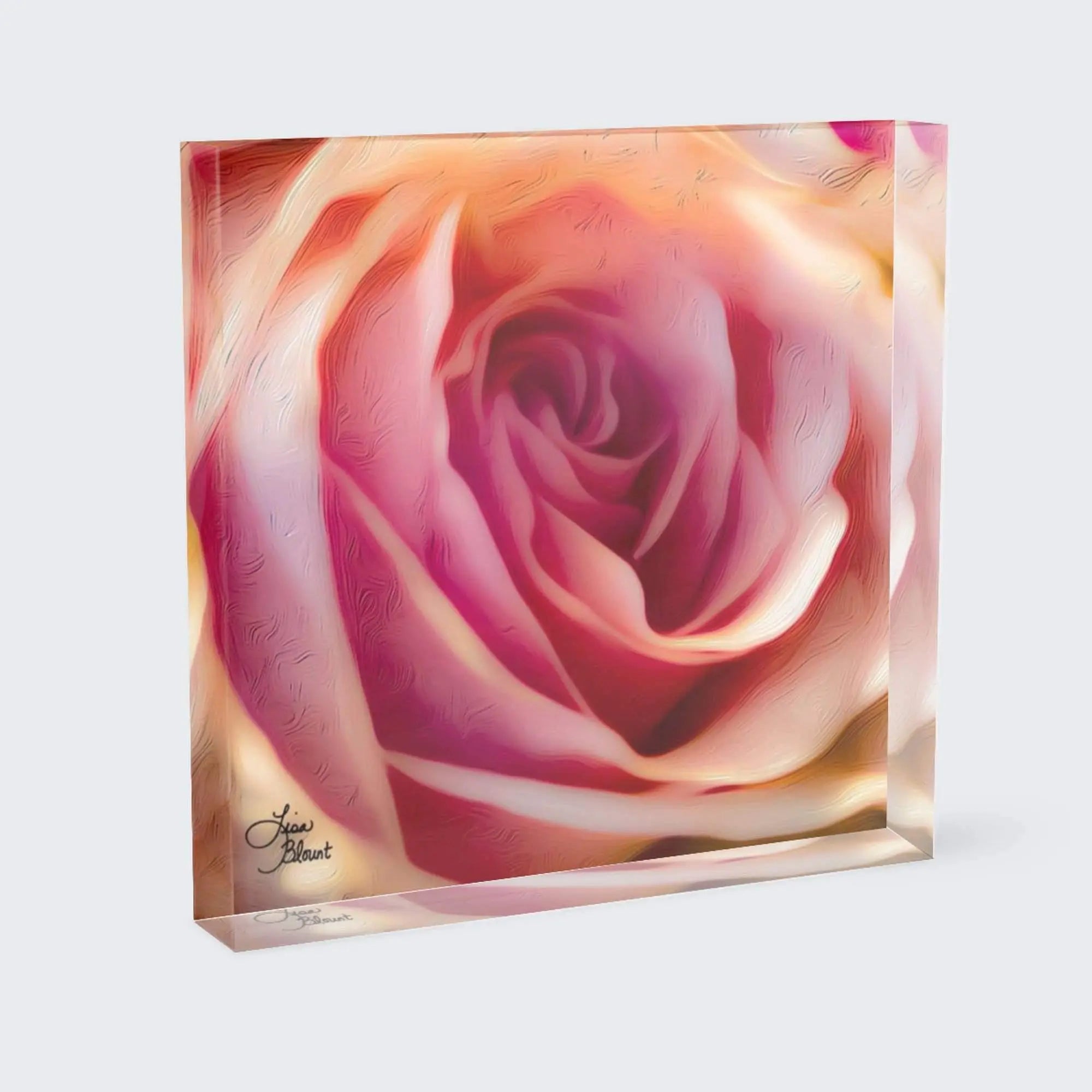 Acrylic block art of an abstract pink rose