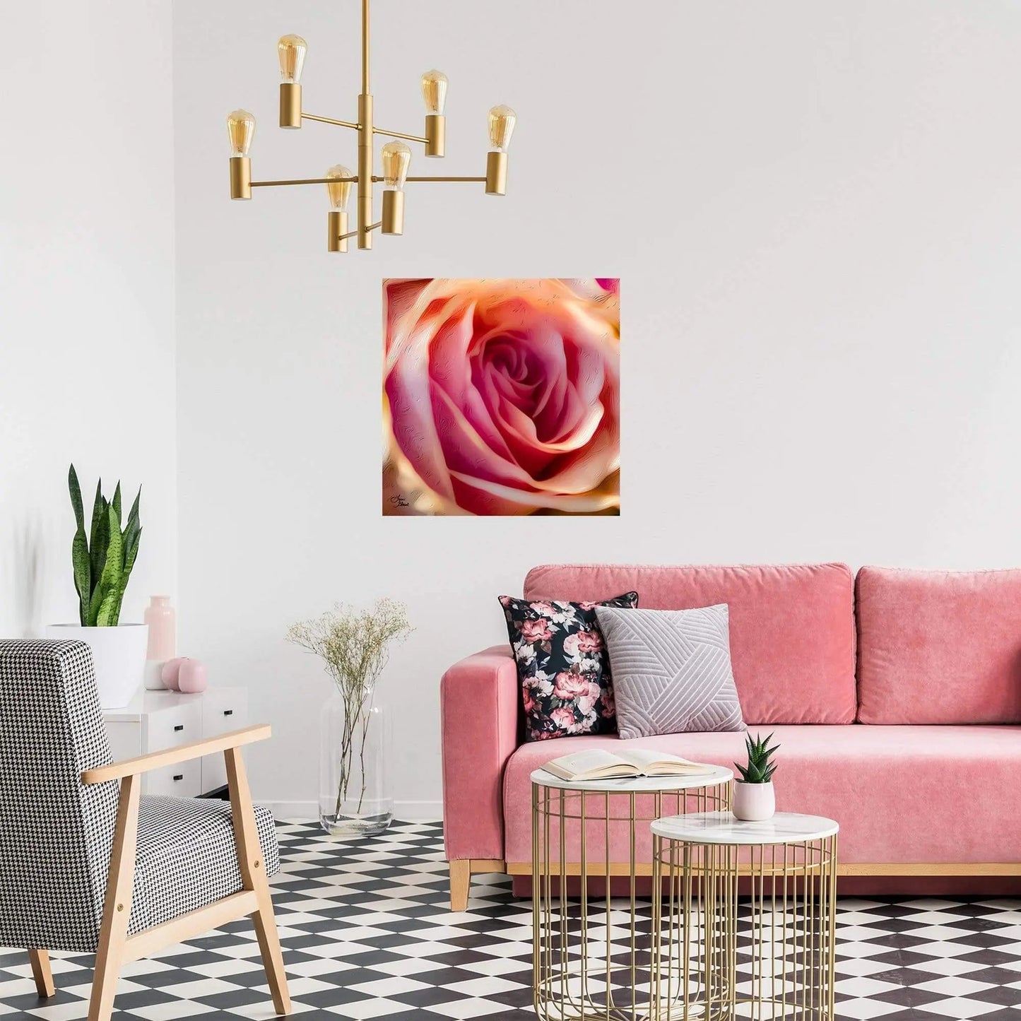Pink rose art displayed in a trendy room above a pink couch
