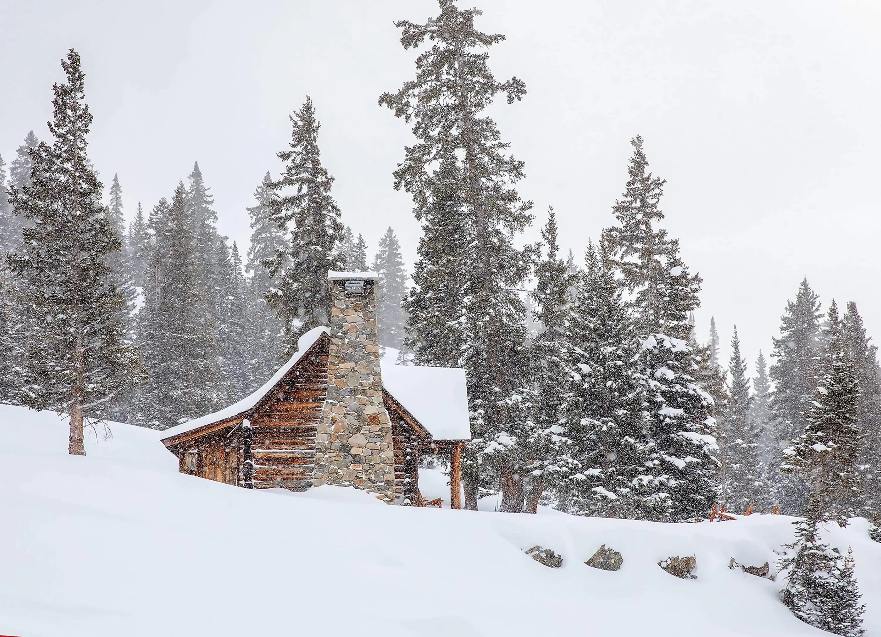 Snowy Colorado cabin wall art — rustic wooden cabin in fresh snowfall near Kebler Pass, surrounded by pine trees in a peaceful winter landscape.