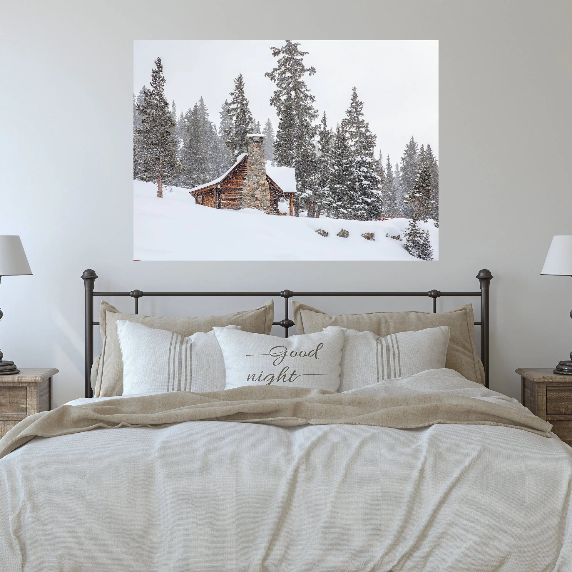snow covered cabin art hanging in farmhouse style bedroom