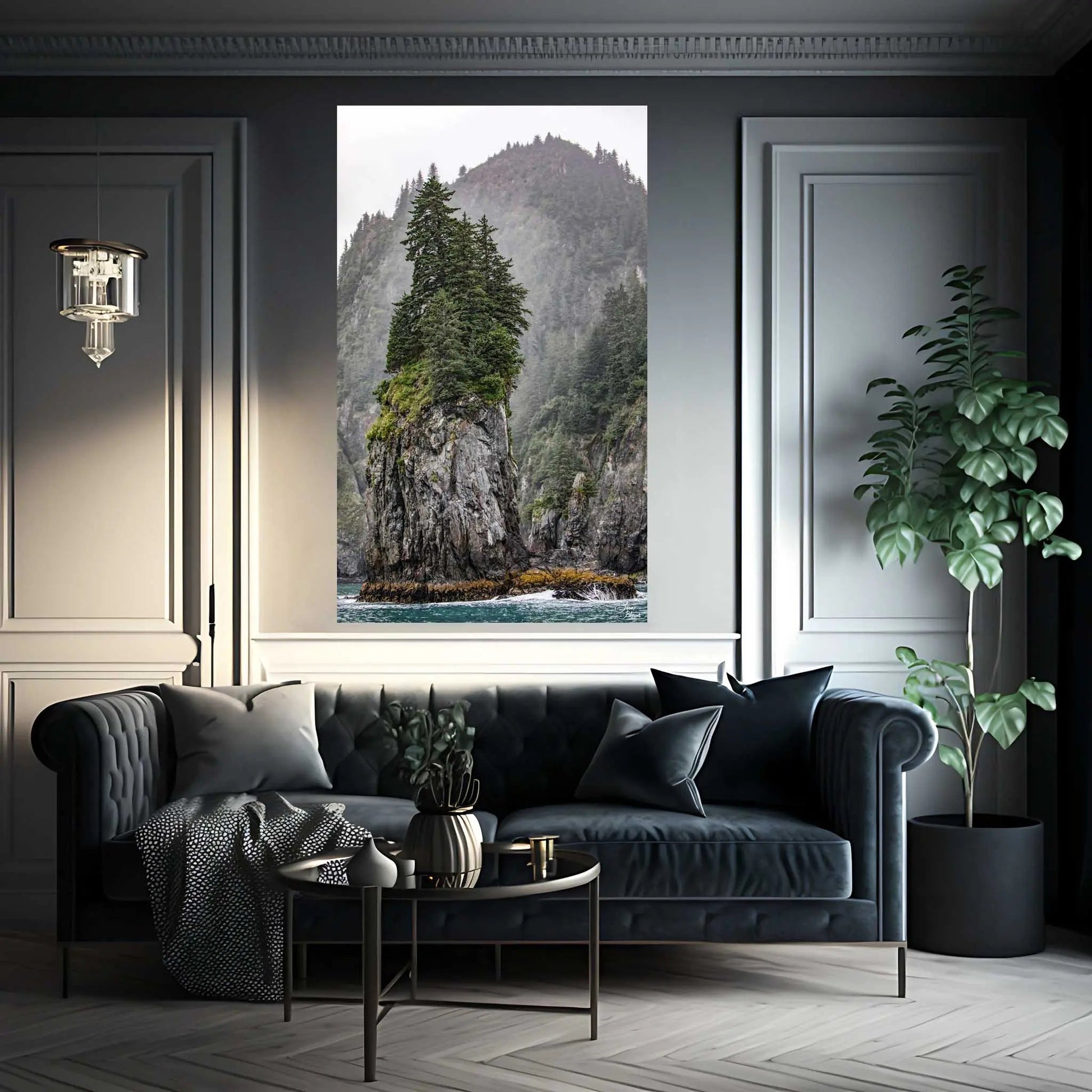 kenai fjords wall decor on luxury living room wall in gray and green