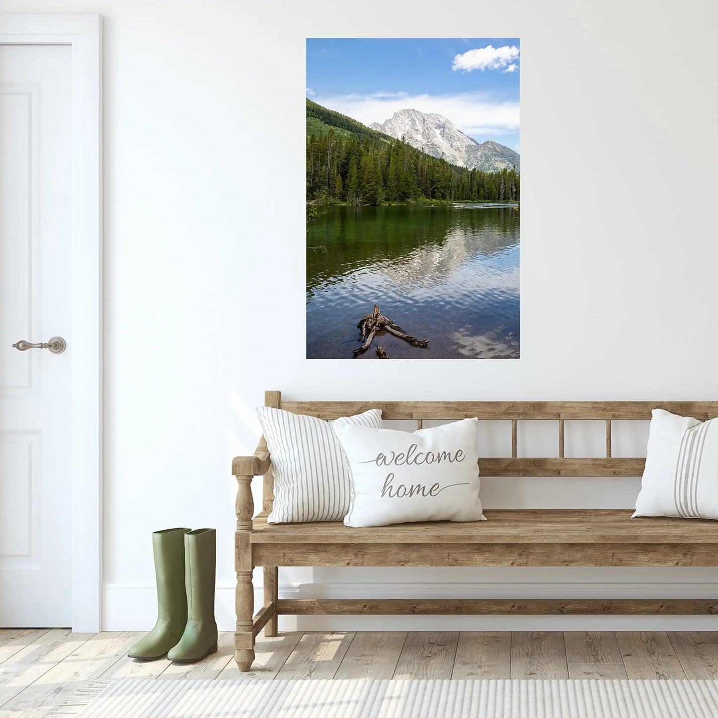 Art of String Lake Wyoming hanging above rustic farmhouse bench