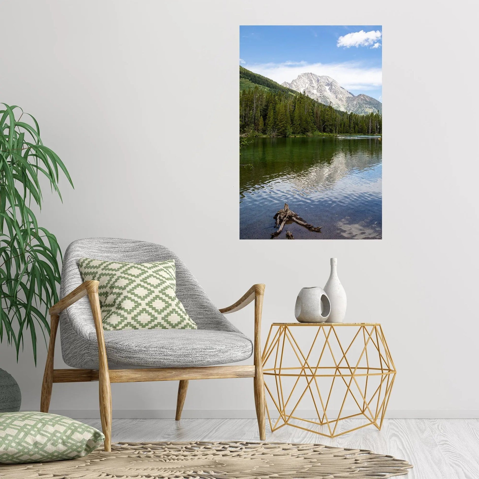 Photograph of String Lake reflecting the Grand Tetons hanging in a casual sitting area