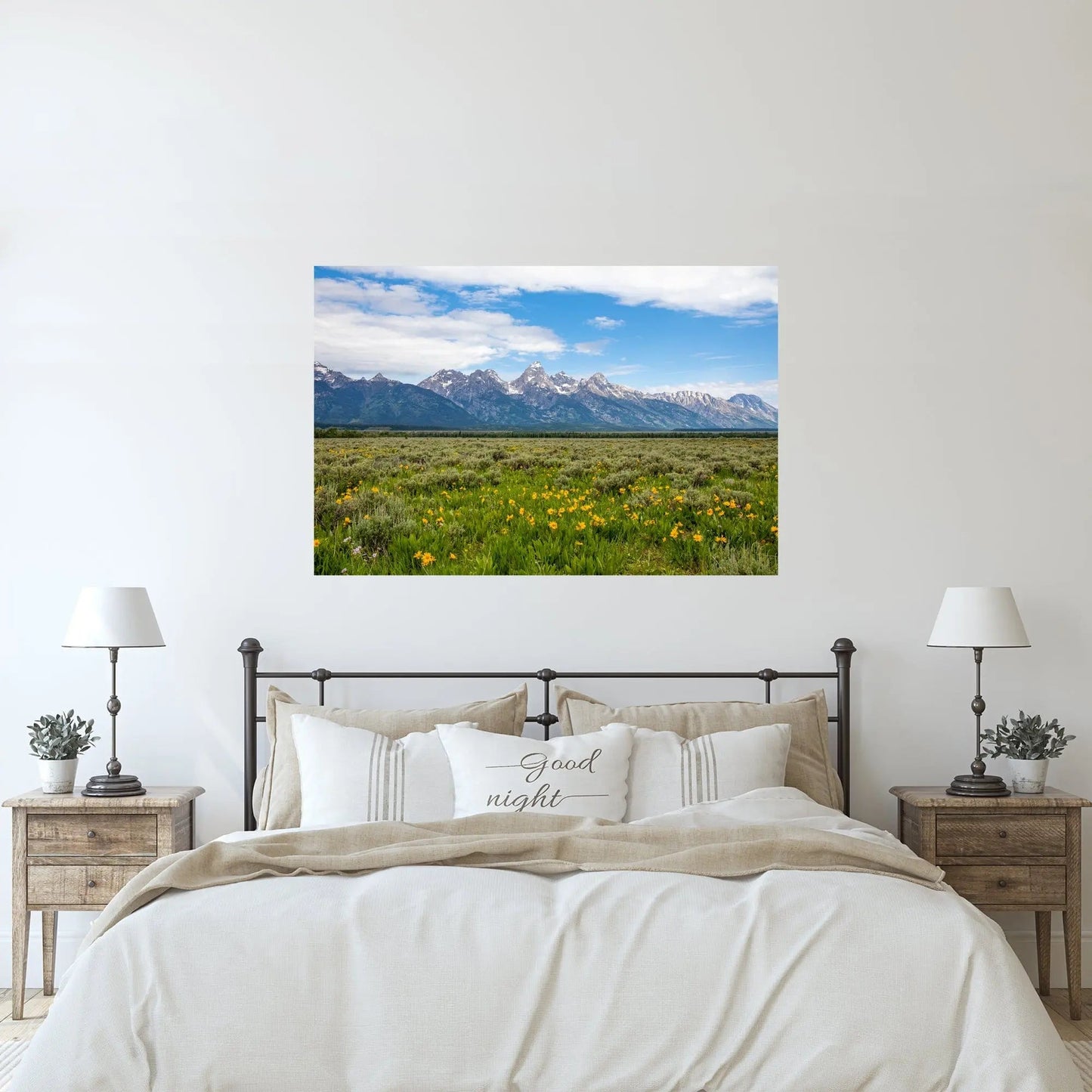 Grand tetons in the summertime fine art photography large acrylic metal art above rustic white bed in room