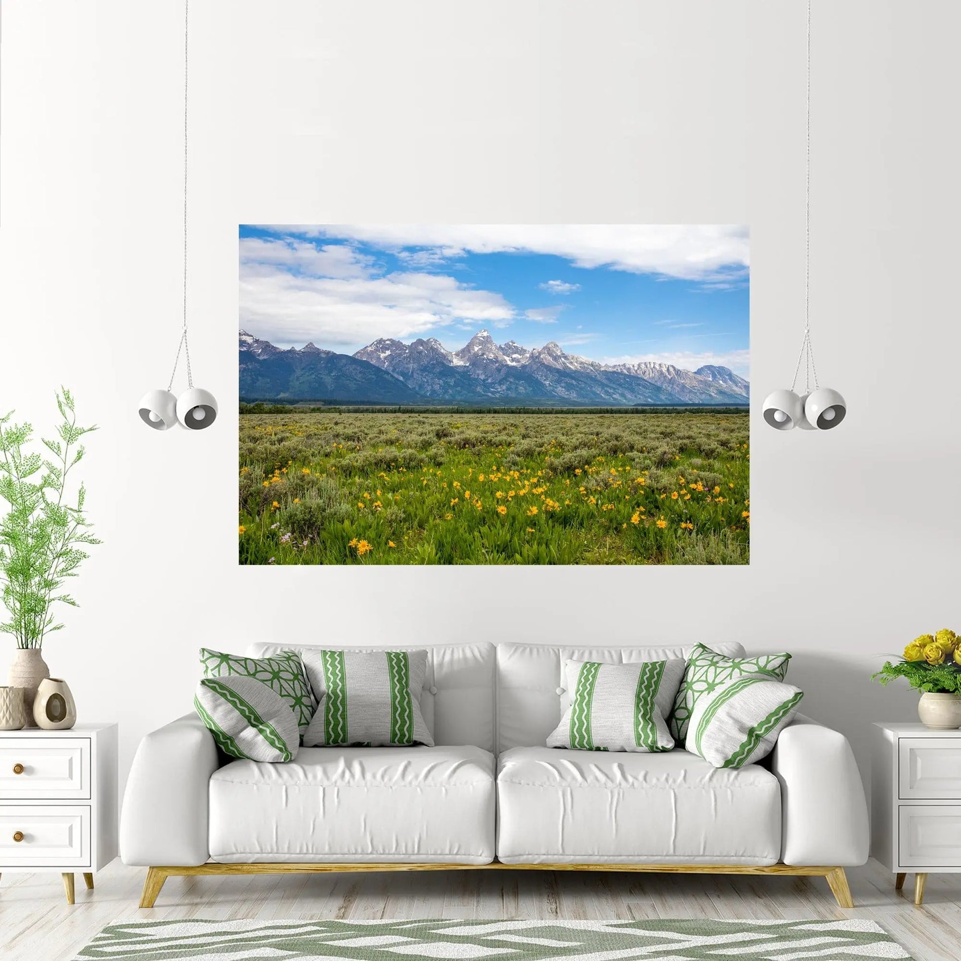 large wall decor of grand tetons with yellow flowers