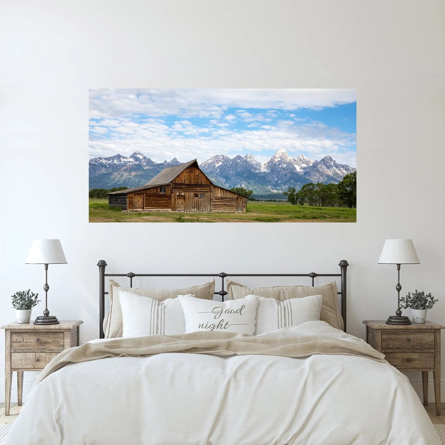 Grand Teton photography art featuring iconic TA moulton barn of teton county mormon row wyoming fine art hanging white wall bedroom rustic decor