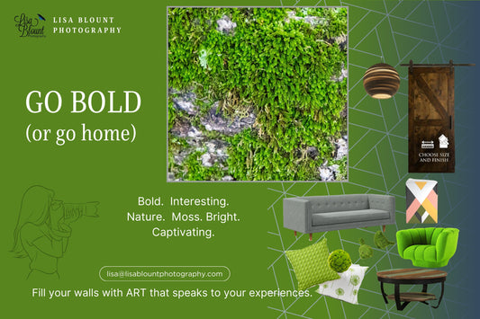 Bright green moodboard featuring abstract nature art of green moss