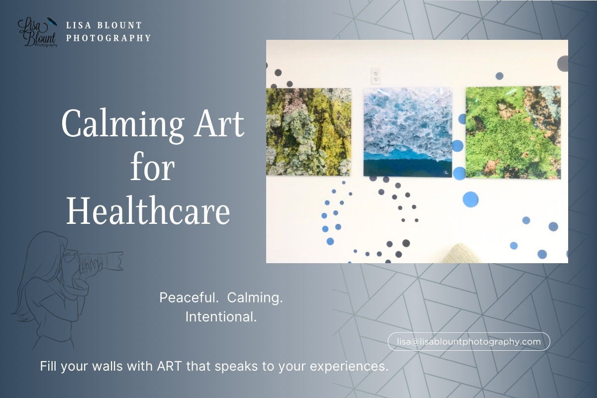 Triptych abstract nature photography in blue and green tones installed in a clean, clinical-style waiting area to create a calming environment.  Lisa Blount Photography