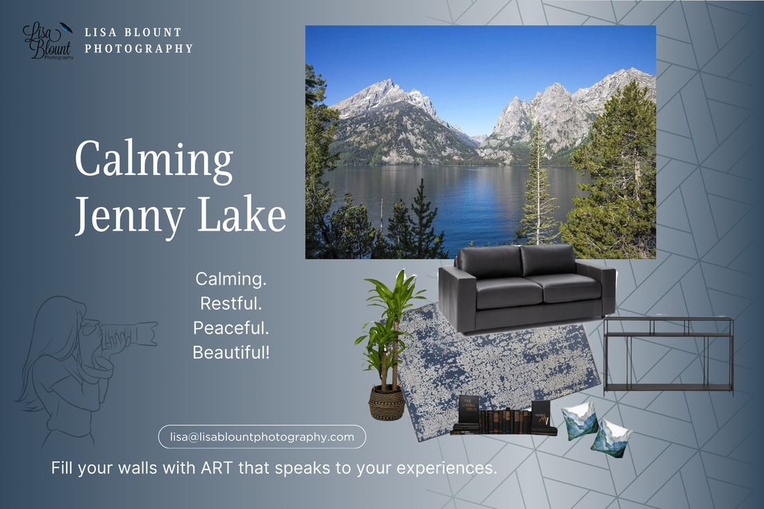 Relaxing mancave moodboard focused on bright art of Jenny Lake Grand Tetons
