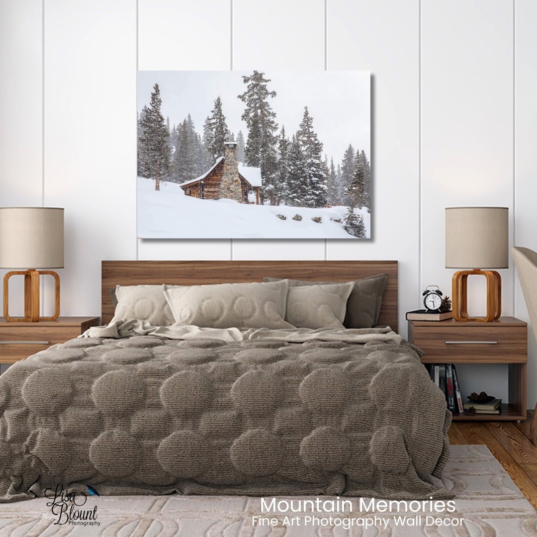 Modern bedroom snowy mountain lodge fine art photography prints showing canvas vs acrylic wall art with canvas finish options for modern interiors.