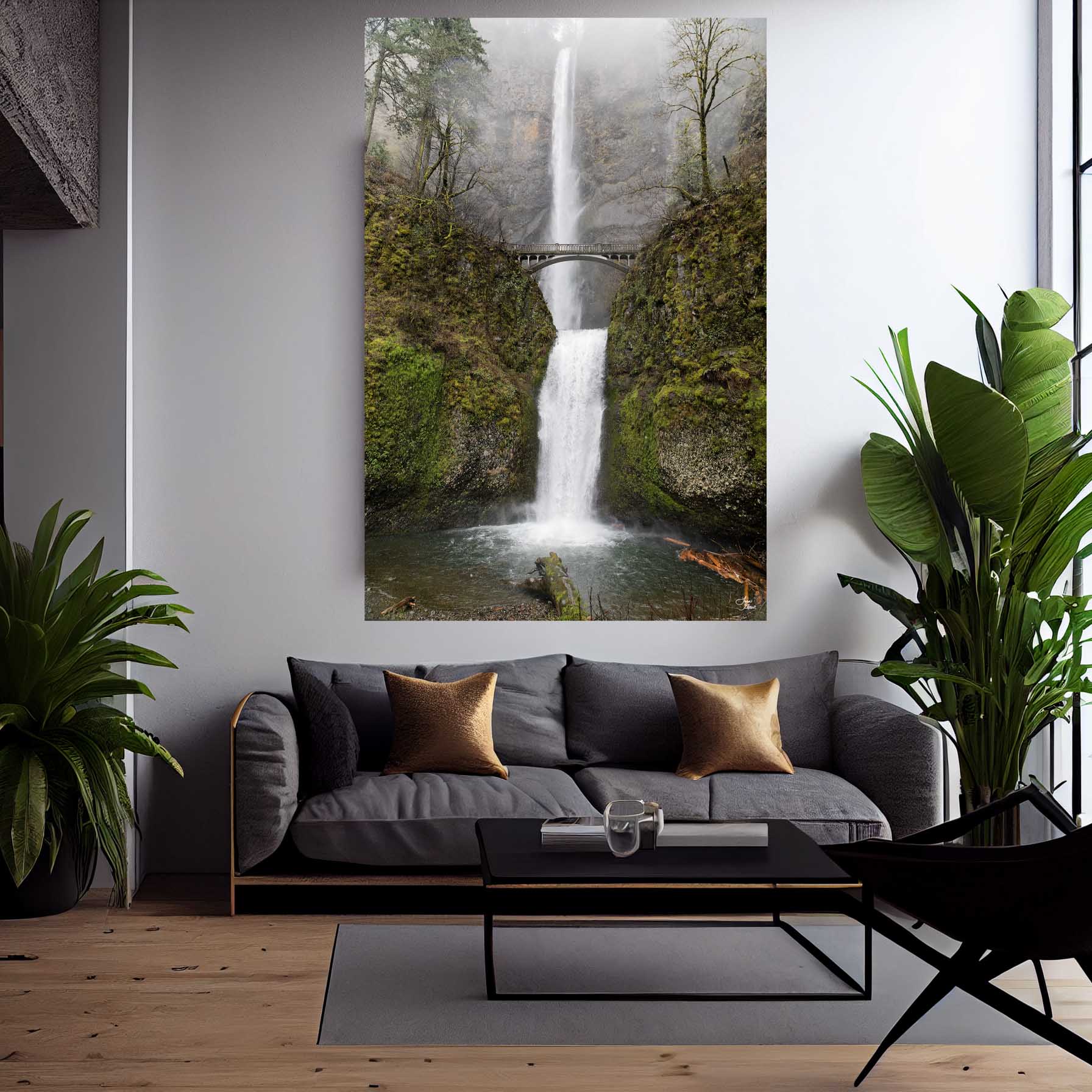 Large Multnomah Falls Oregon wall art in a modern living room, showcasing waterfall photography as a calming biophilic statement piece