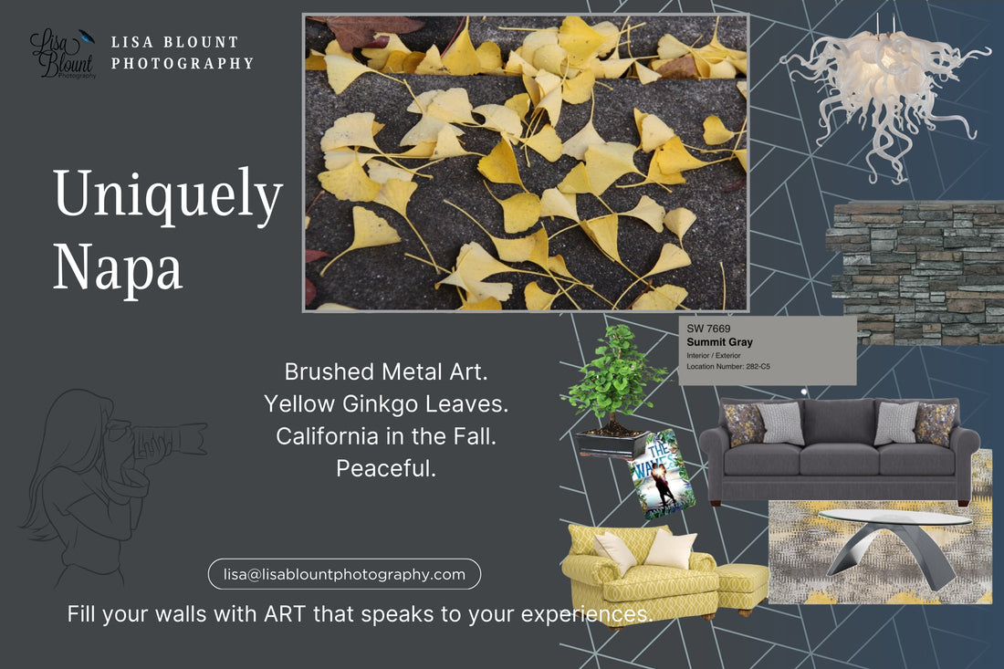 Yellow and gray moodboard featuring yellow ginkgo leaves art from napa