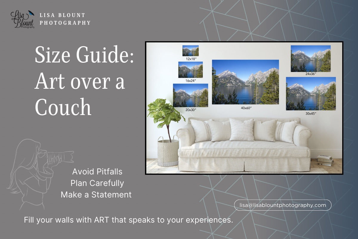 Size guide for art over a couch with a white sofa and wall art displayed.