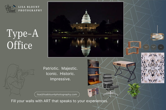 Office themed Moodboard focused on art of US Capitol building and reflection