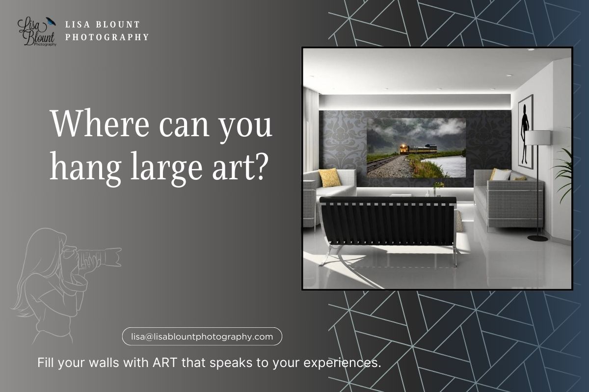 Where to hang large art featuring a modern living room with white and gray furniture and an extra large art piece of a train in alaska - home decor for all styles