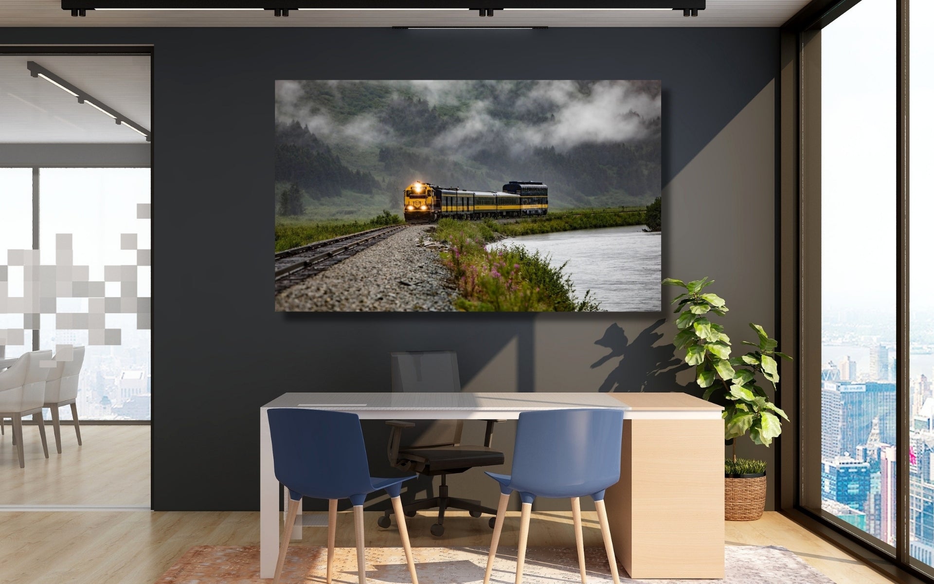 Aboard Alaska limited-edition fine art train photography — Glacier Discovery Train in misty Alaskan mountains, luxury wall art for collectors.