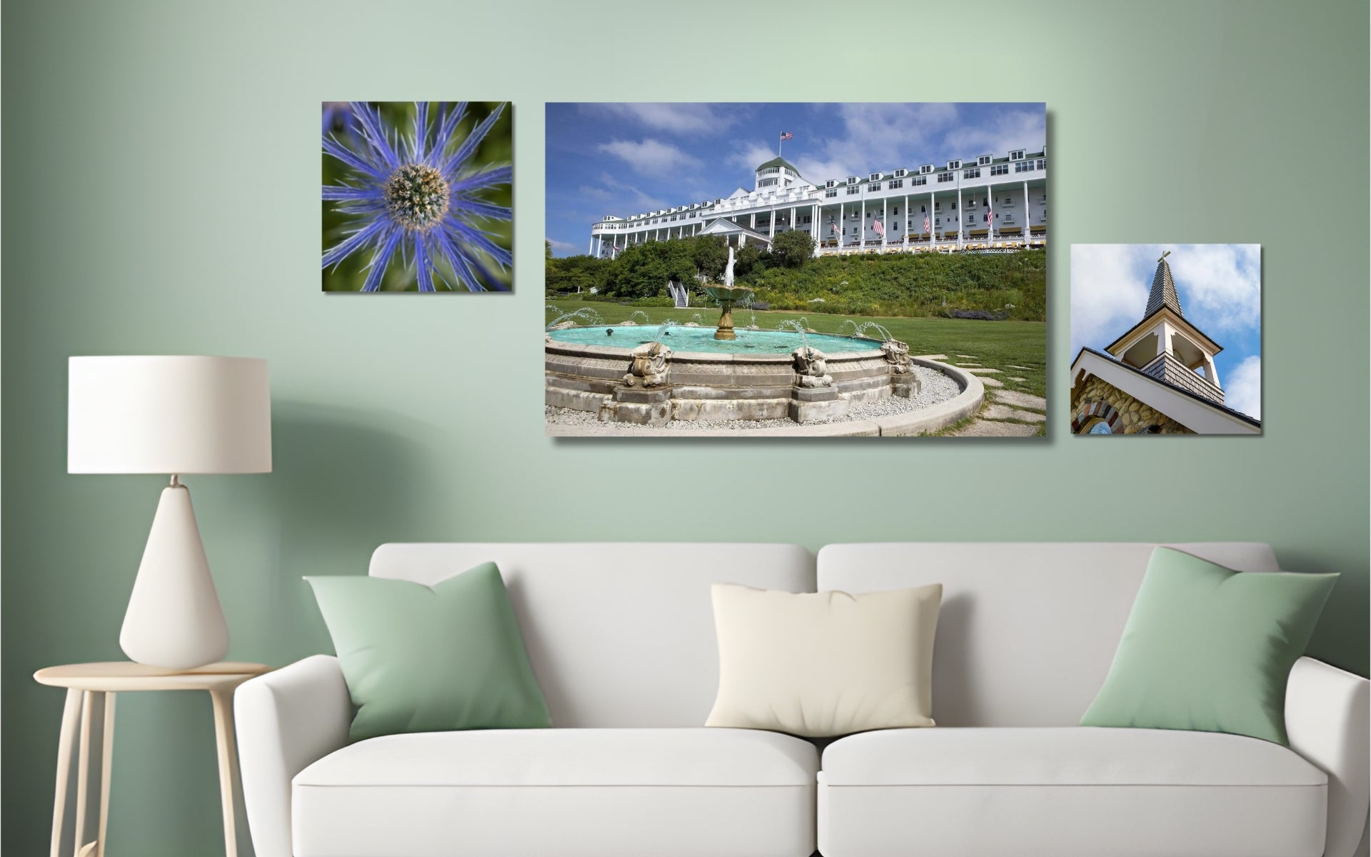 Michigan inspired art featured in a calming green room with fine art photography of the Grand Hotel, blue sea holly, and Mackinac Island’s chapel steeple.