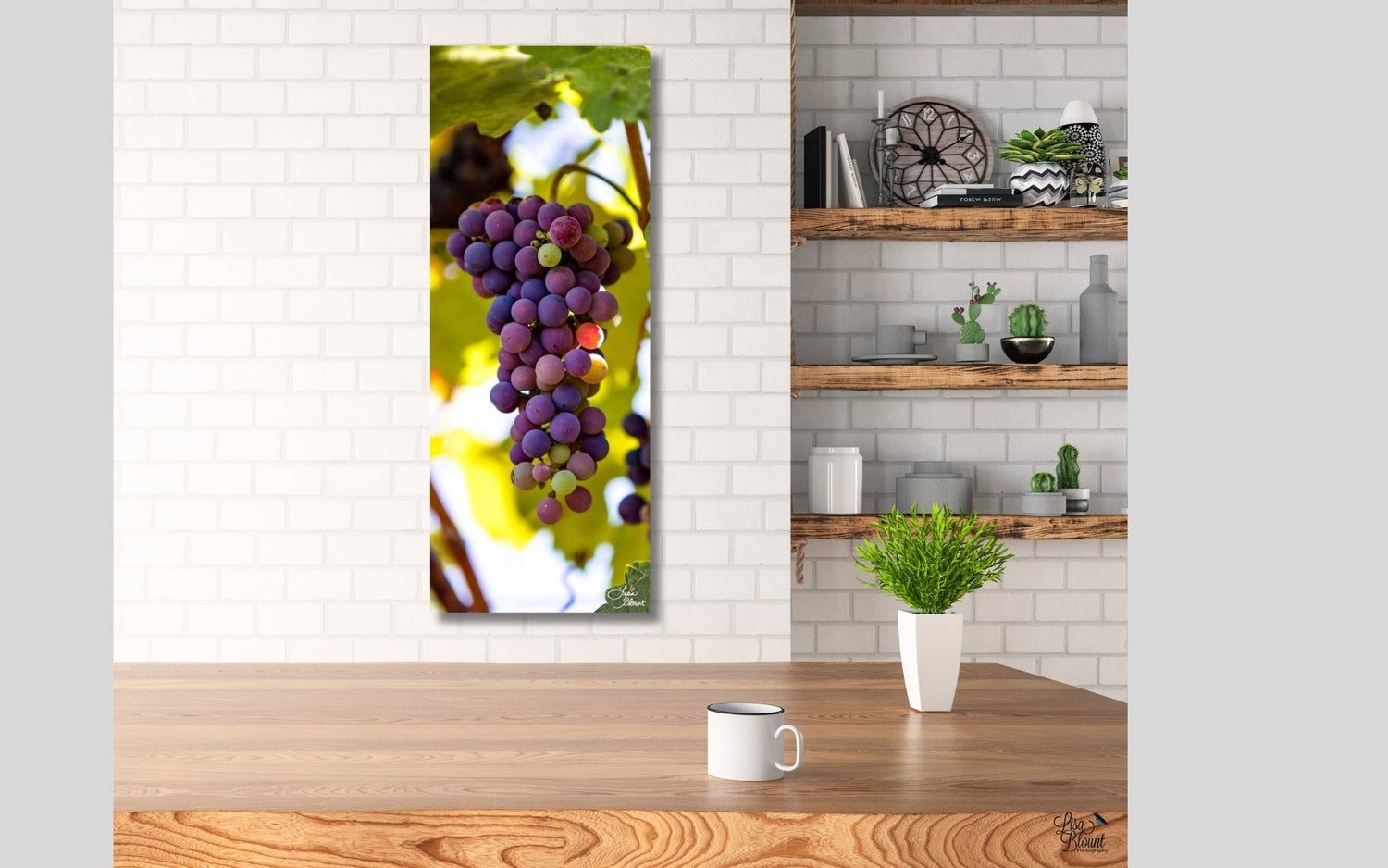 Napa Valley Grapes fine art photography in a modern kitchen — Chilled Wine Collection luxury wall art for wine lovers and collectors.