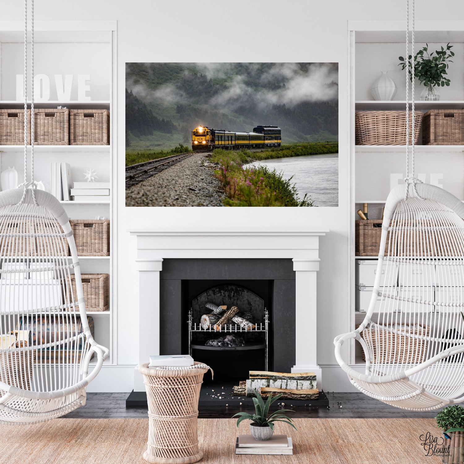 Alaska train large art hanging above fireplace in white living room Lisa Blount photography