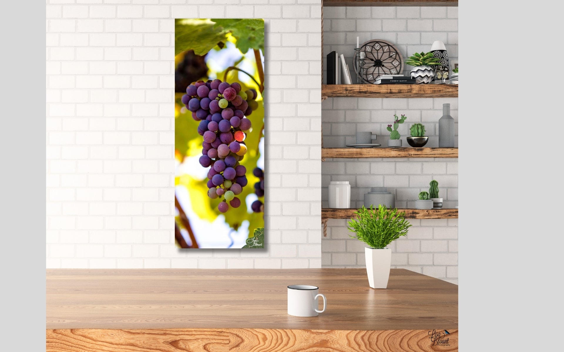 Napa Valley Grapes fine art photography in a modern kitchen — Chilled Wine Collection luxury wall art for wine lovers and collectors.