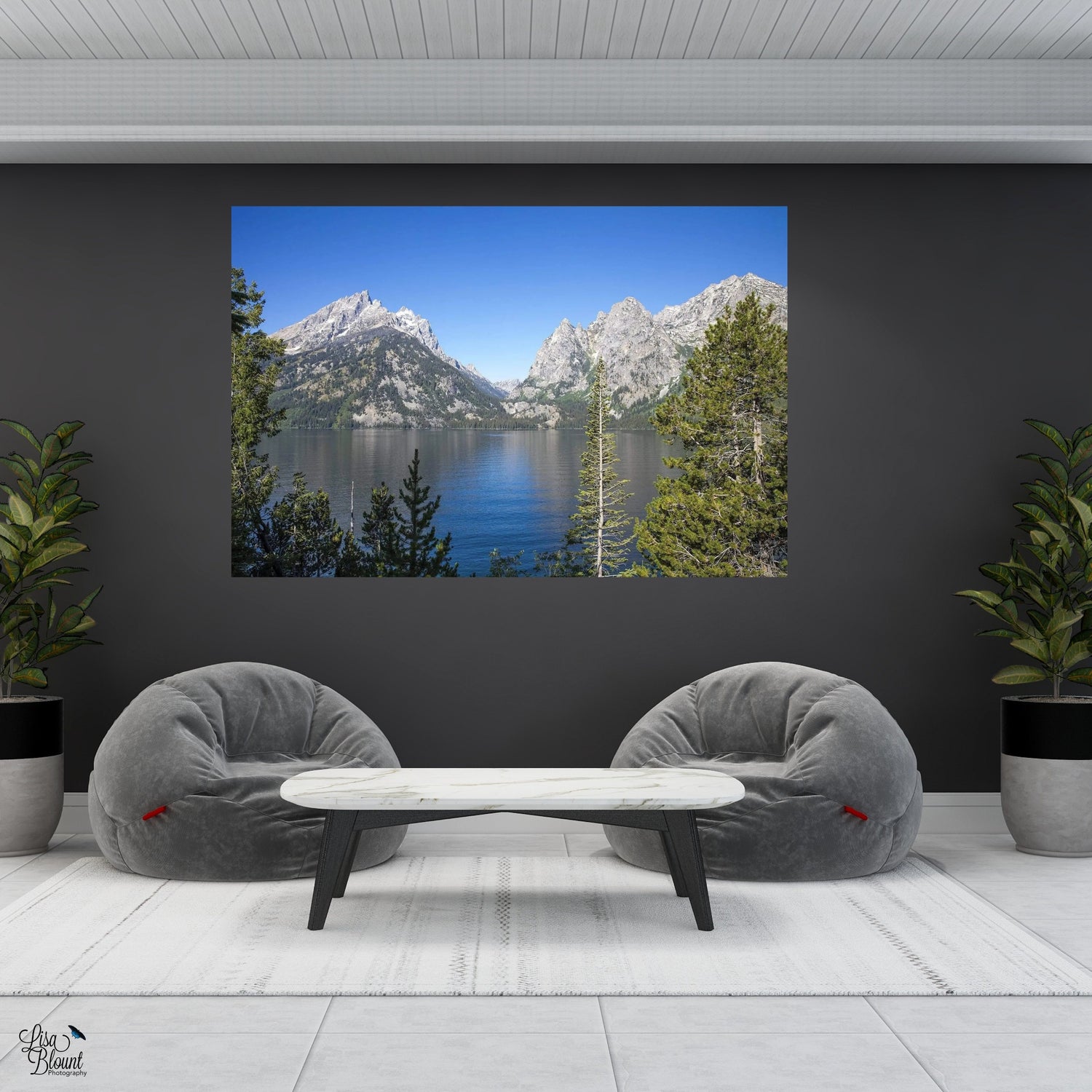 Jenny Lake fine art photography wall decor hanging on dark gray wall in contemporary sitting space