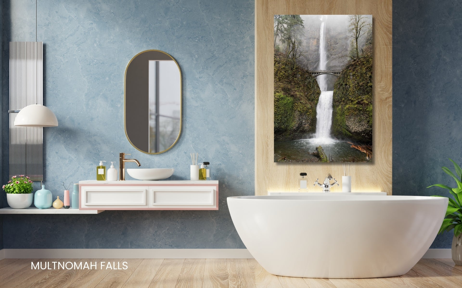 Multnomah Falls limited edition fine art photography in a luxury bathroom – best-selling nature wall art by Lisa Blount