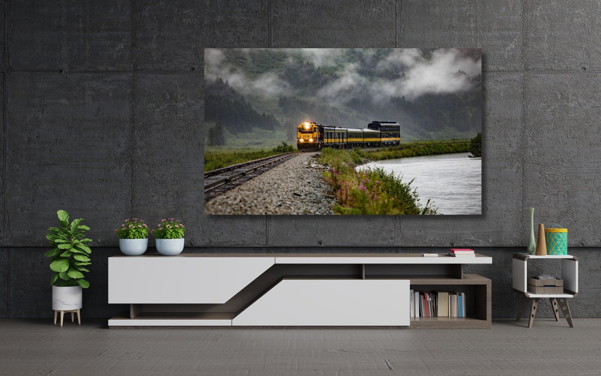 Alaska train fine art decor hanging in grey concrete modern room