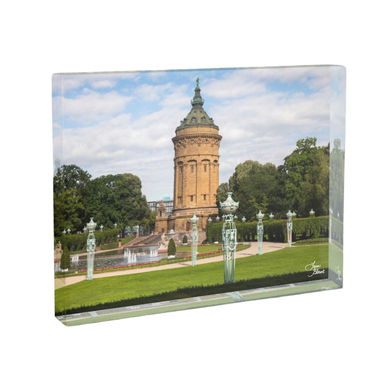 5x7 acrylic block Mannheim Square Fountain and Water Tower - shelf decor