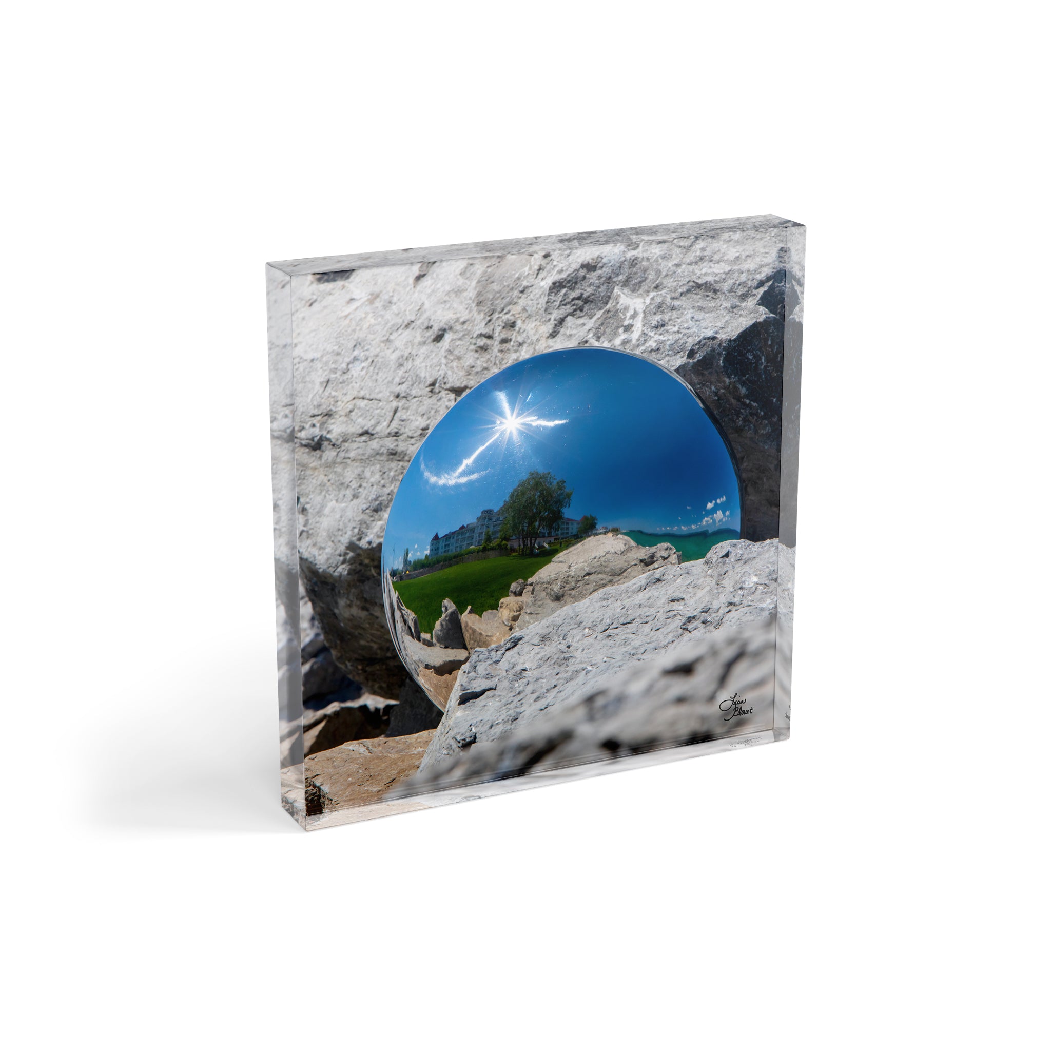 Square Acrylic Block of Bay Harbor Michigan with gazing ball reflecting the sun and the hotel - fine art photography shelf decor