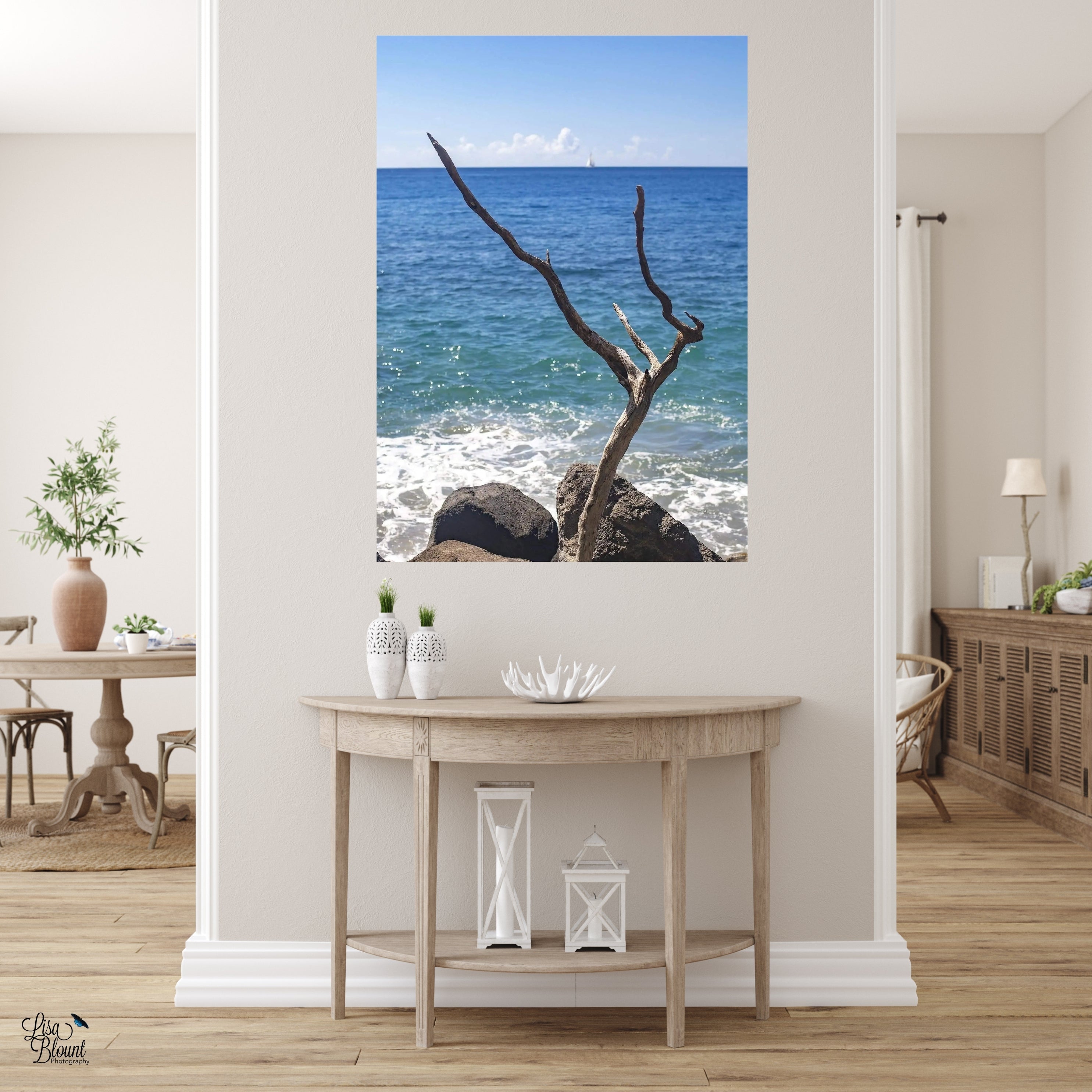 Hallway displaying  Large coastal photography wall decor of weathered wood and serene beach views
