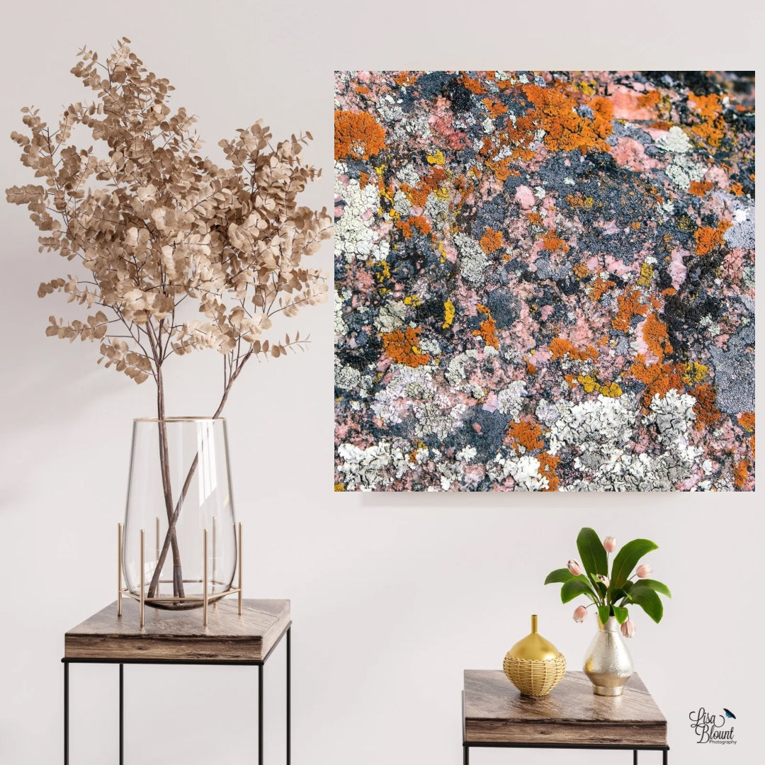 Large art of orange gray and pink colored lichen on a neutral colored wall by some decor tables with flowers.   
