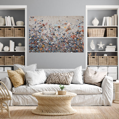 Coastal themed room with cream furniture and a large wall art of abstract colorful rocks and sand from Nairn Beach Scotland.
