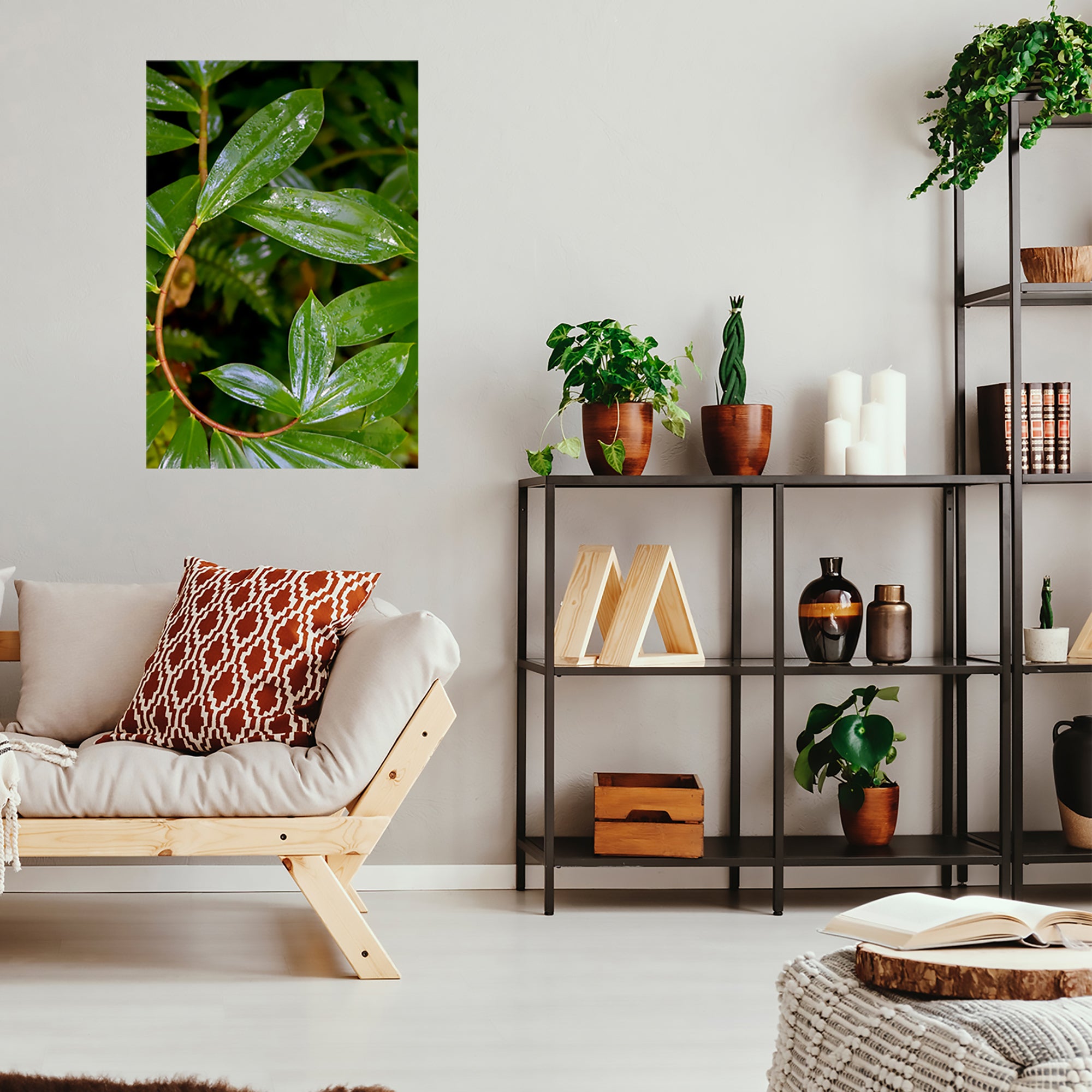 Spiral ginger leaf curve with raindrops — green abstract botanical wall art, St. Lucia, hanging in a metro modern style living space.