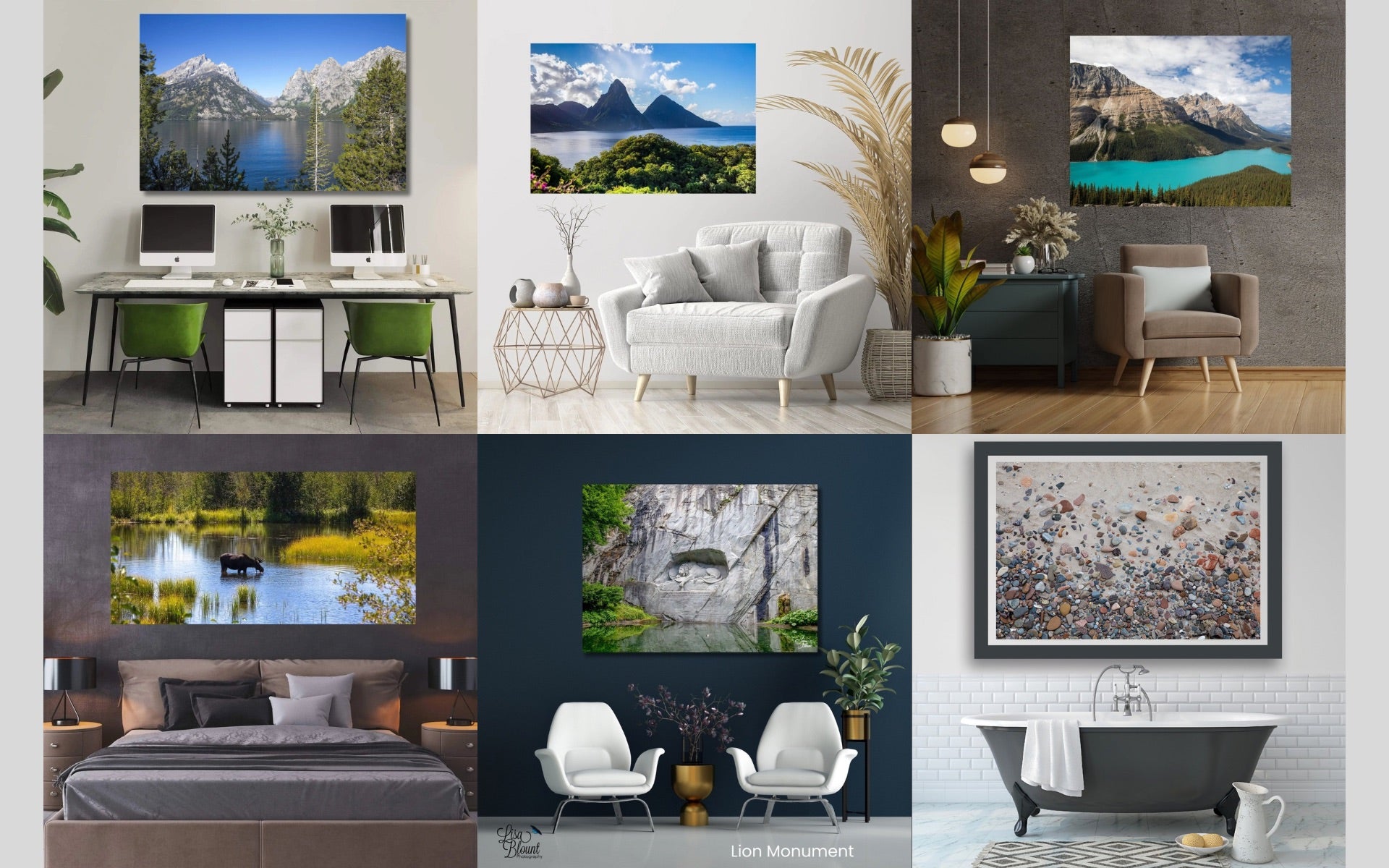 Six interior design examples featuring Lisa Blount’s fine art wall photography, each styled with different room moods and layouts.