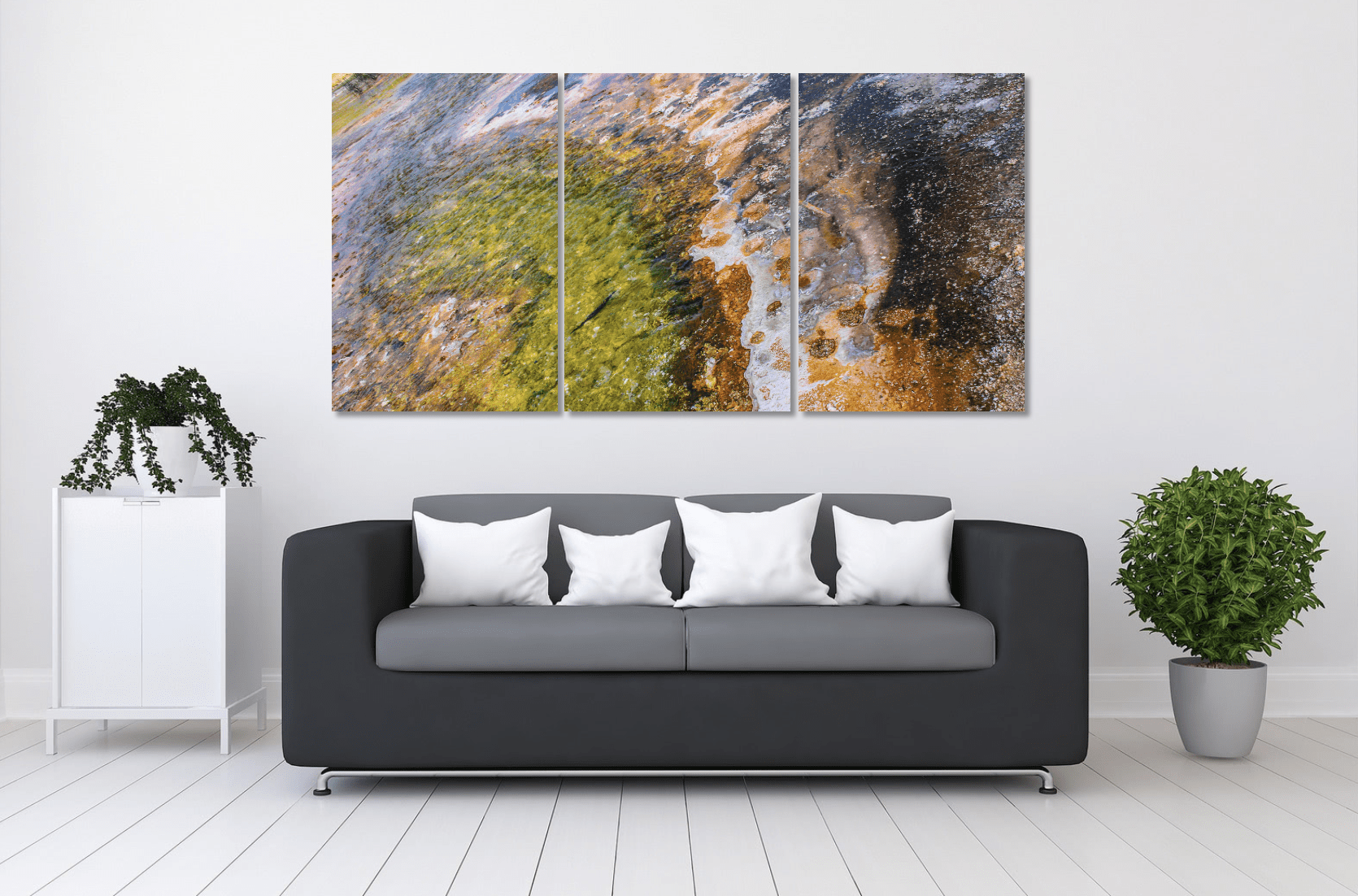 Triptych of Yellowstone colorful mudpot pool wall decor over couch