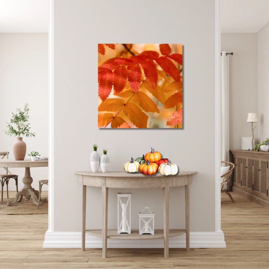 Close-up photograph of orange, yellow, and red autumn leaves at Lake Tahoe, California hanging in hallway with fall decor.