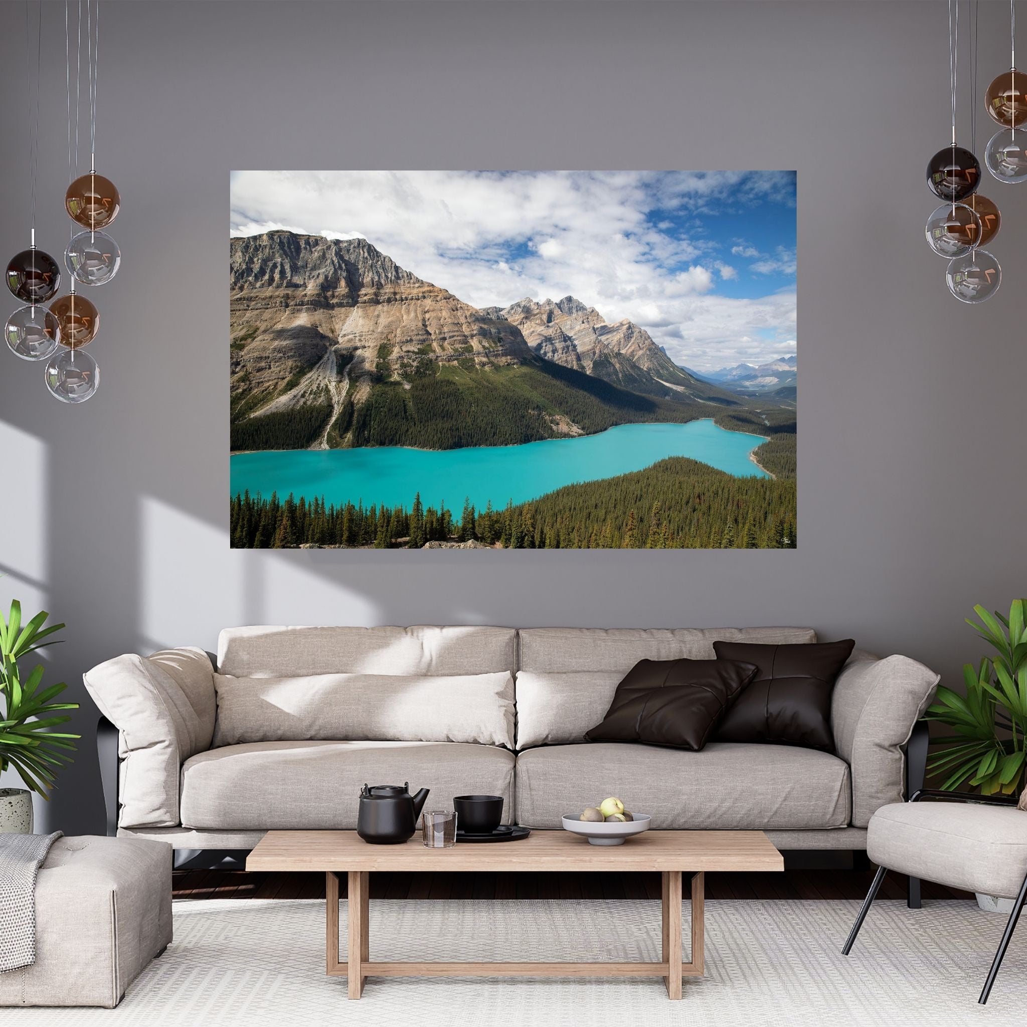 Close-up fine art photograph of Peyto Lake’s turquoise water with jagged Rocky Mountain peaks and evergreen forests—Banff National Park landscape.