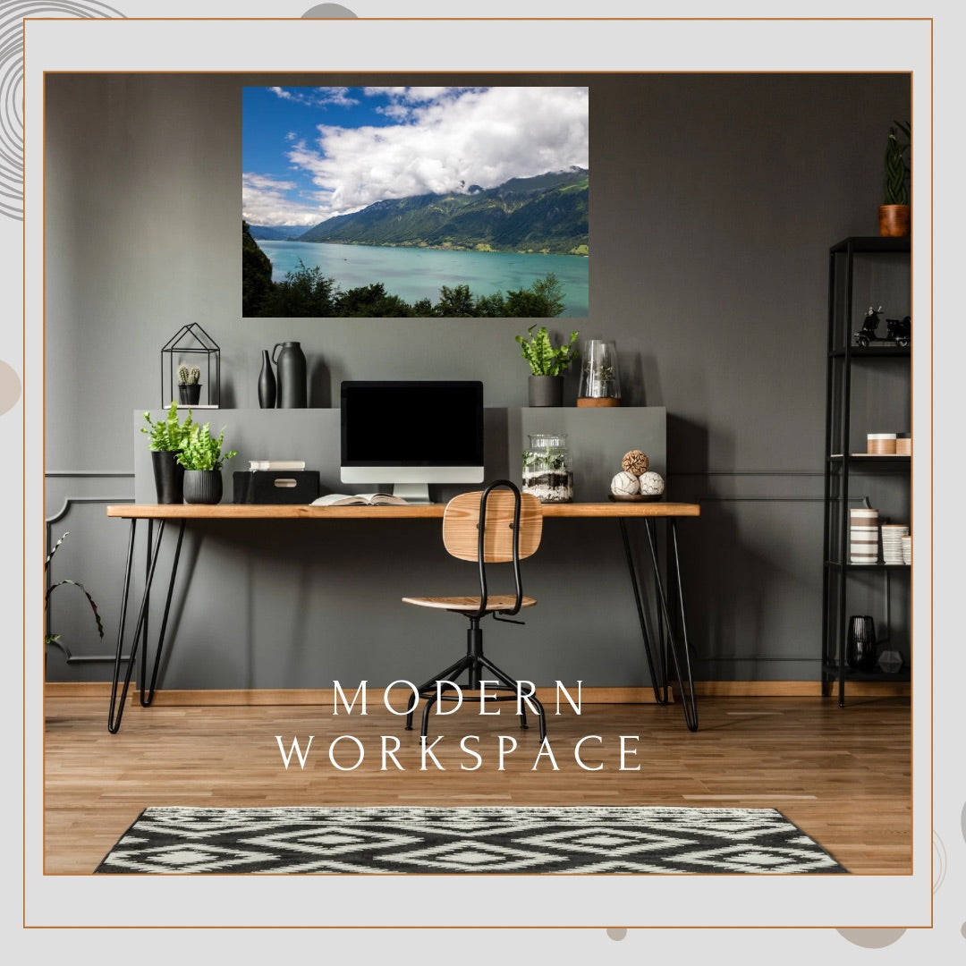 Modern workspace featuring fine art photography of Lake Brienz hanging over desk.