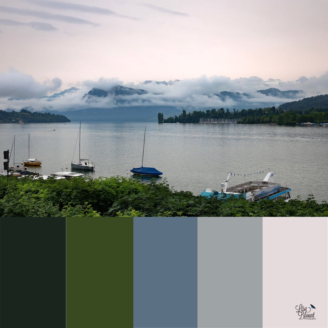 Color Palette of gray green and pink for Lake Lucerne morning time fine art 
