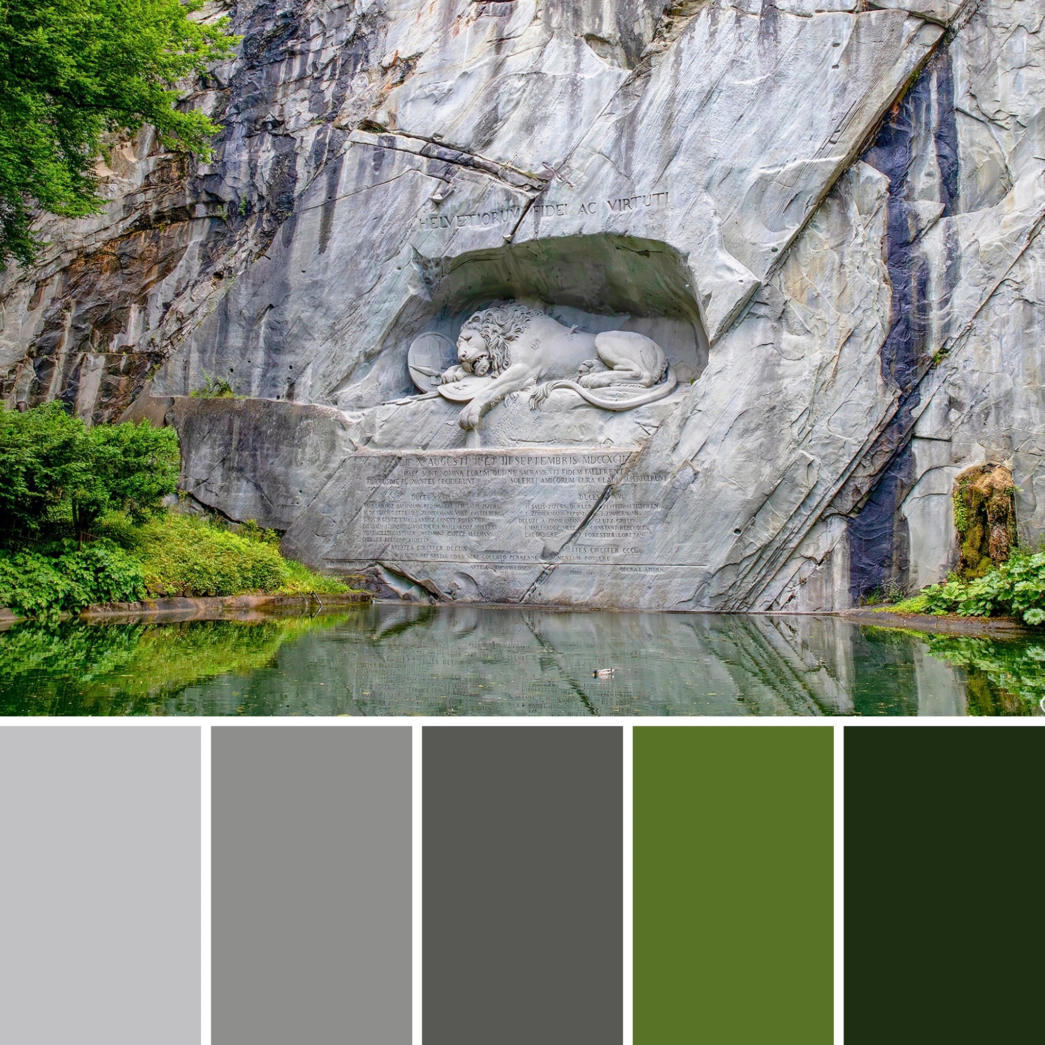 Color palettes of greens and grays to match the lion monument in Lucerne Switzerland