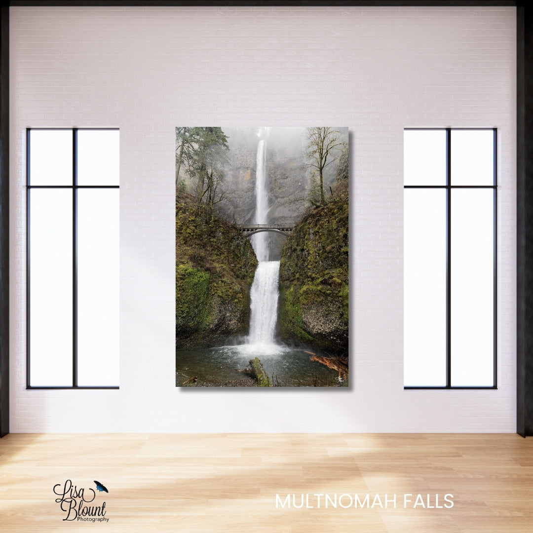 Large acrylic 40x60 Multnomah falls fine art print hanging on white wall in a bright room