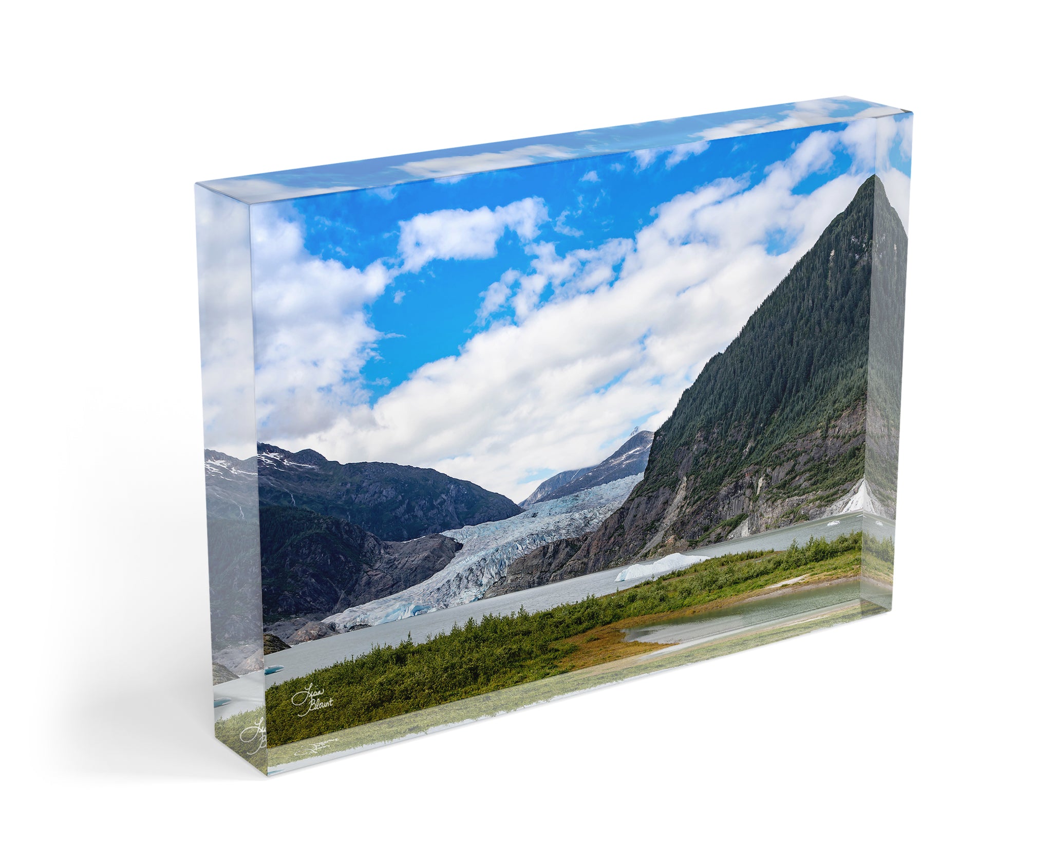 5x7 Acrylic block showing Mendenhall Glacier in Juneau, Alaska with Nugget Falls, floating ice, and glacier-blue water
