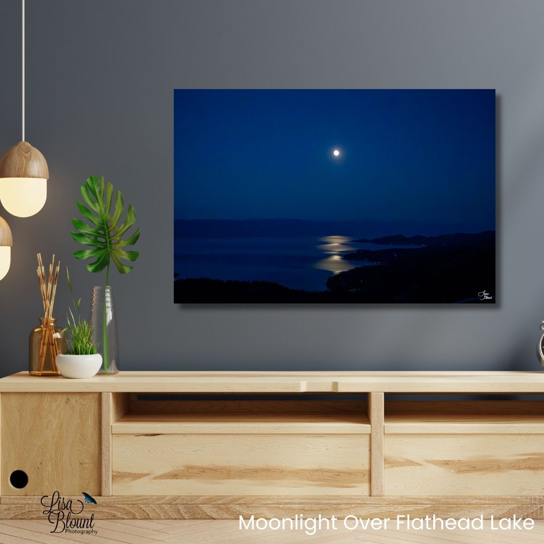 Moonlight over Flathead Lake in Somers, Montana - displayed over neutral credenza with reflective water - fine art wall decor