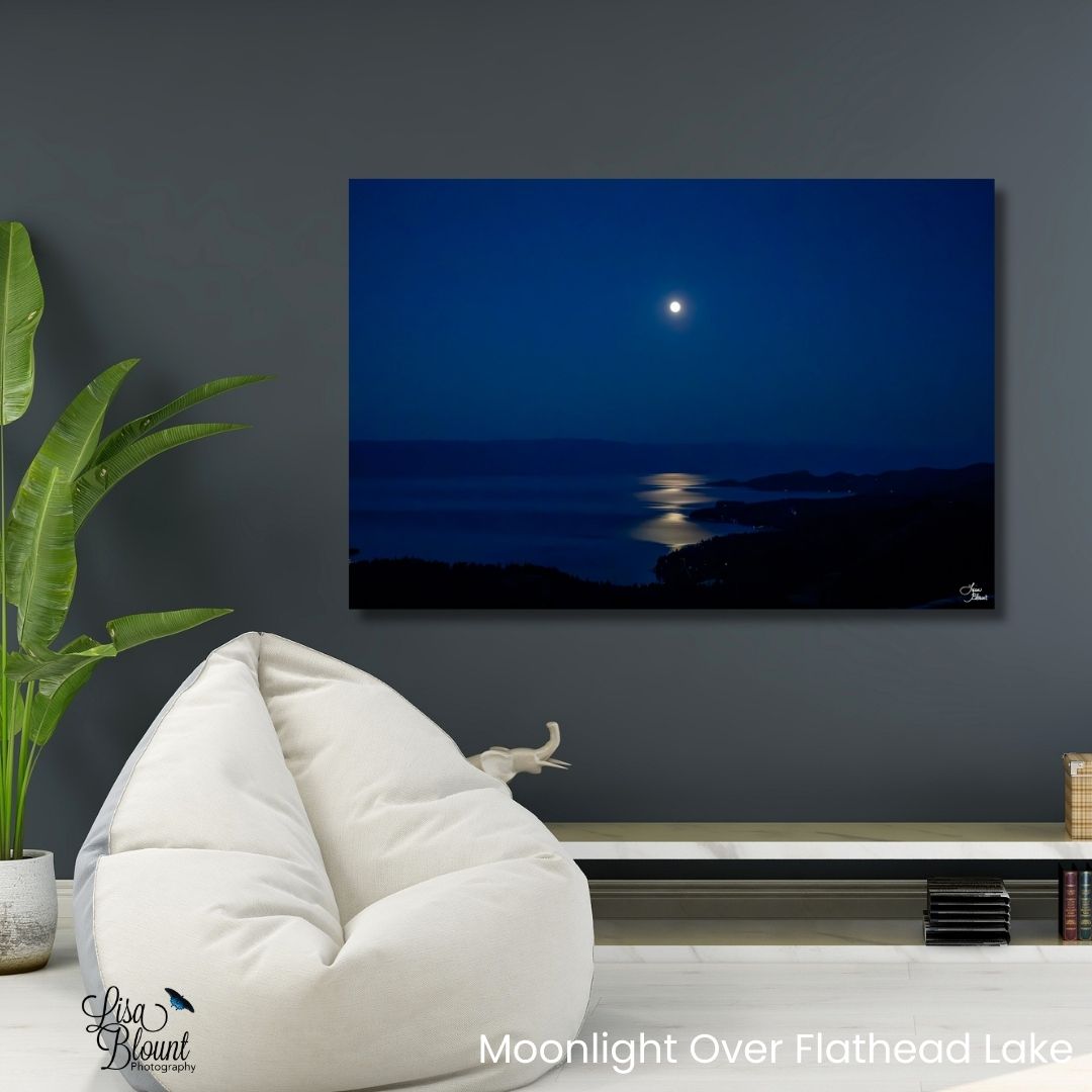 Acrylic artwork of a moonlit lake scene on a wall above a white bean bag chair. Moonlight over Flathead Lake in Somers, Montana 