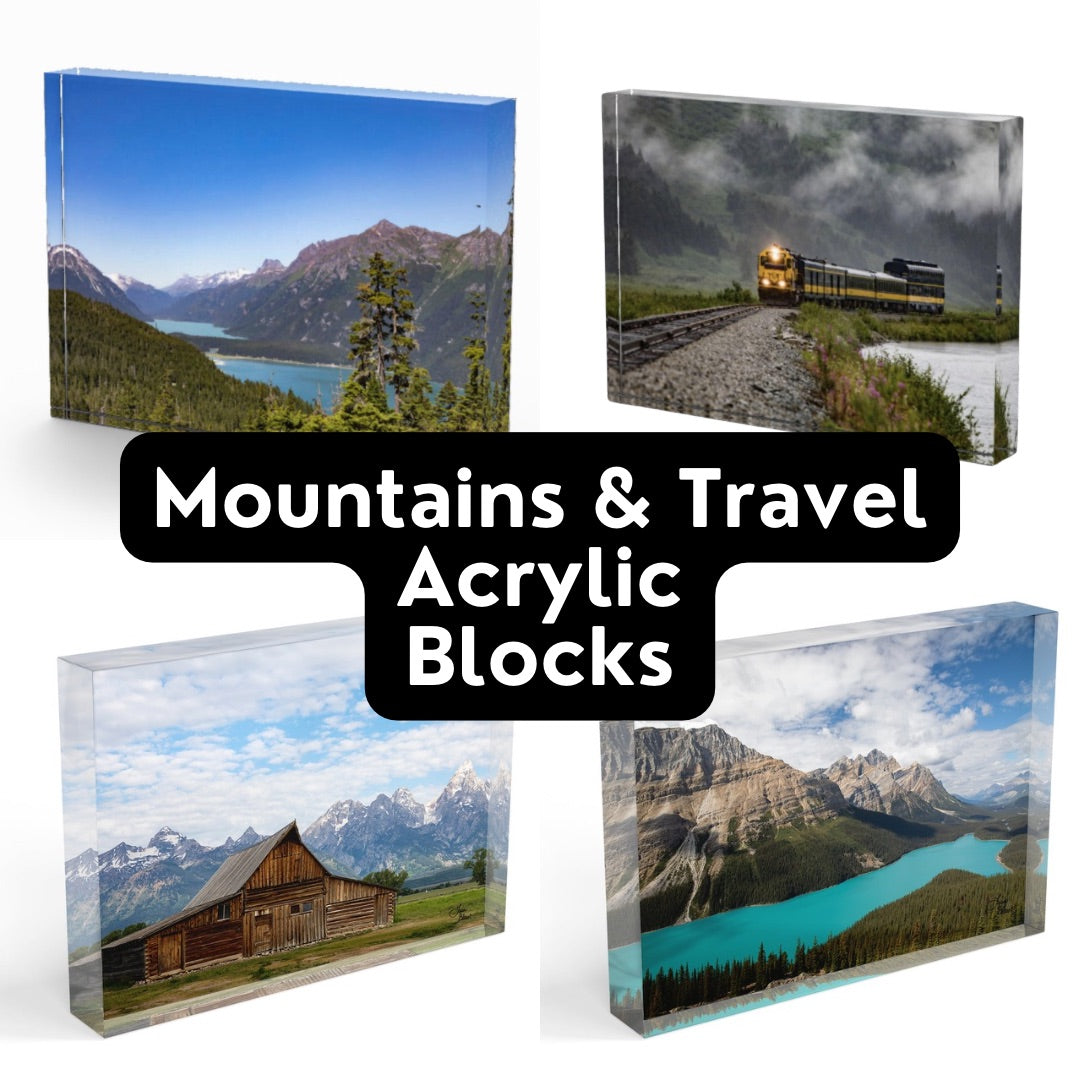 Acrylic blocks with mountain and travel-themed images - perfect for shelf and desk decor