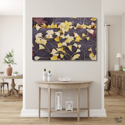 Yellow ginkgo leaves wall decor hanging in white casual hallway