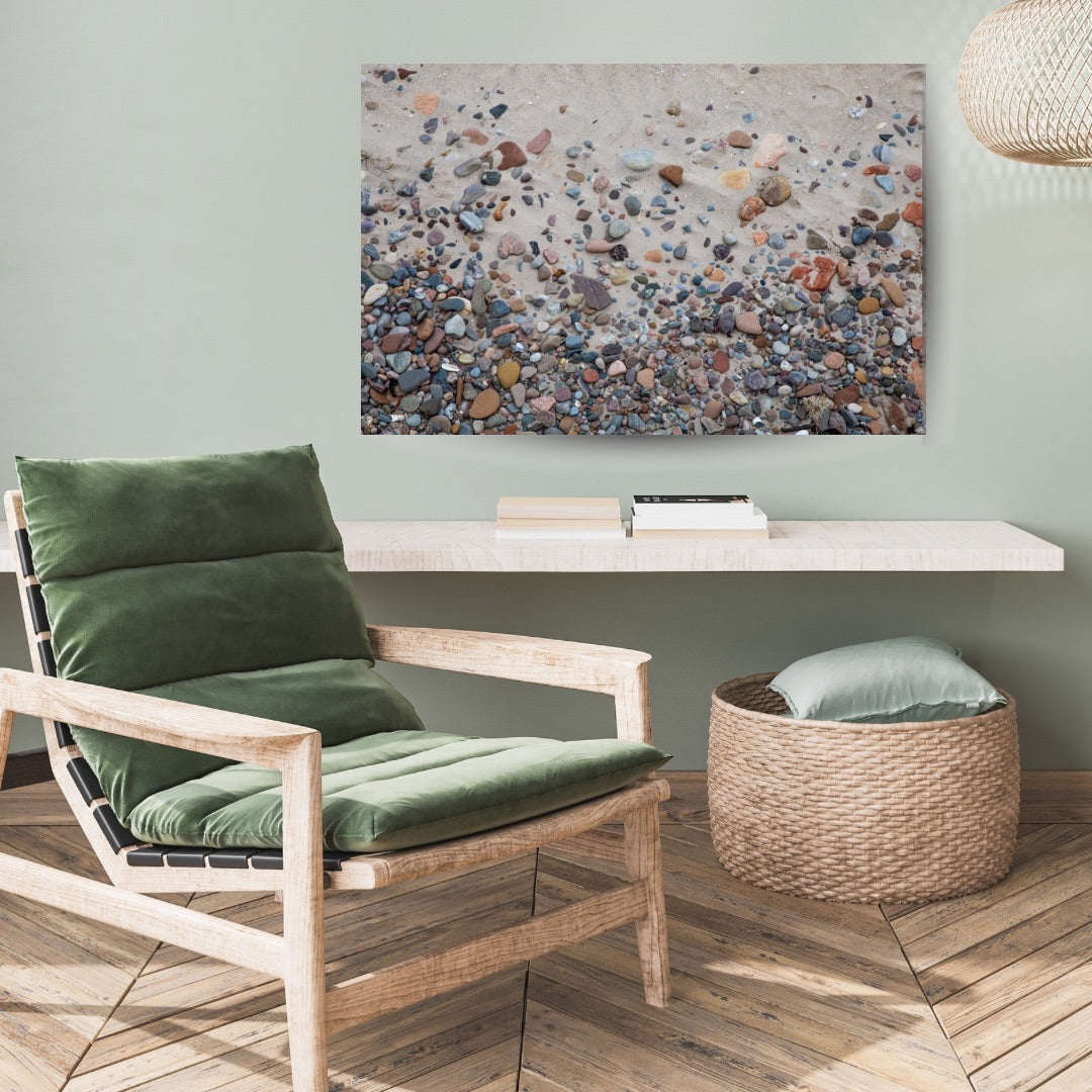 Mint green sitting area with large art abstract art of rocks and sand from Nairn beach in Scotland