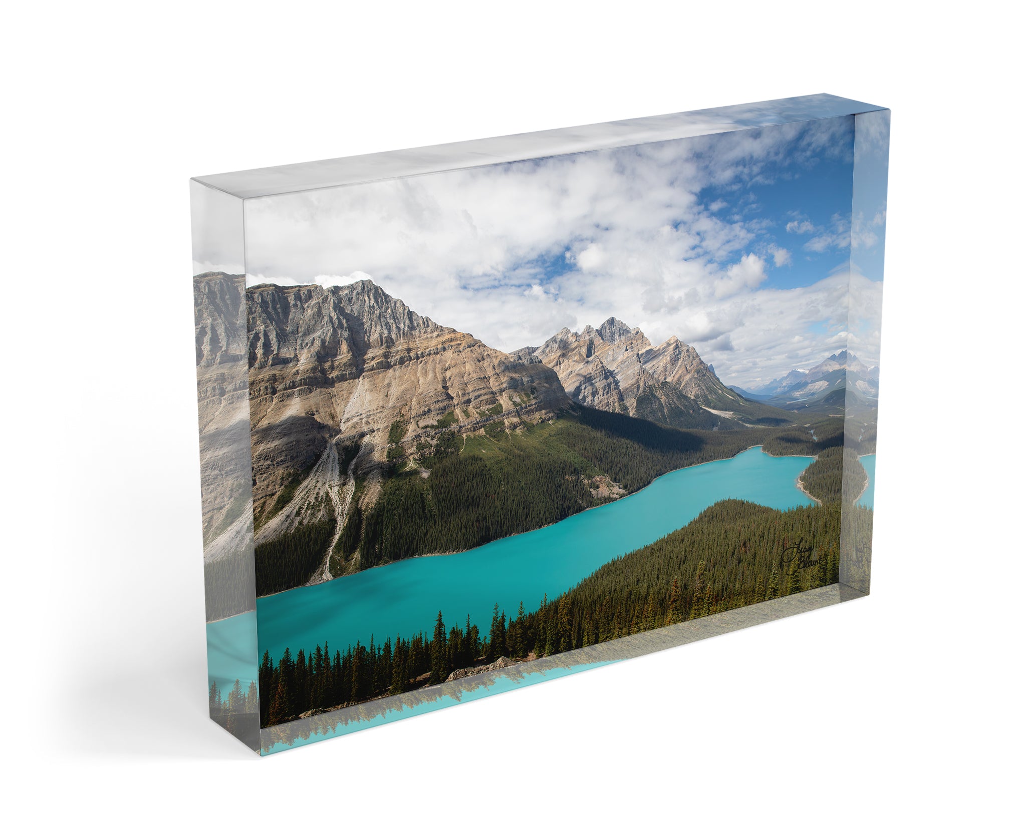 Peyto Lake acrylic block – 5×7 freestanding art featuring turquoise glacial water and rugged Canadian Rockies from Banff National Park.