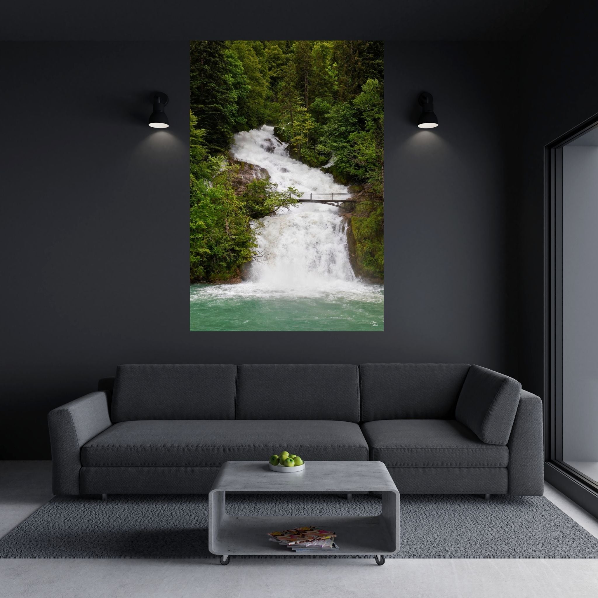 Dark gray room with stunning Giessbach Waterfall lower cascade 40x60 museum mounted wall art hanging above couch